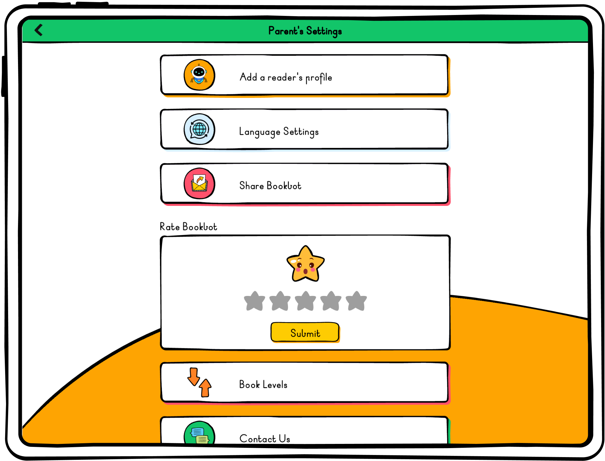 the parent settings screen in the bookbot app